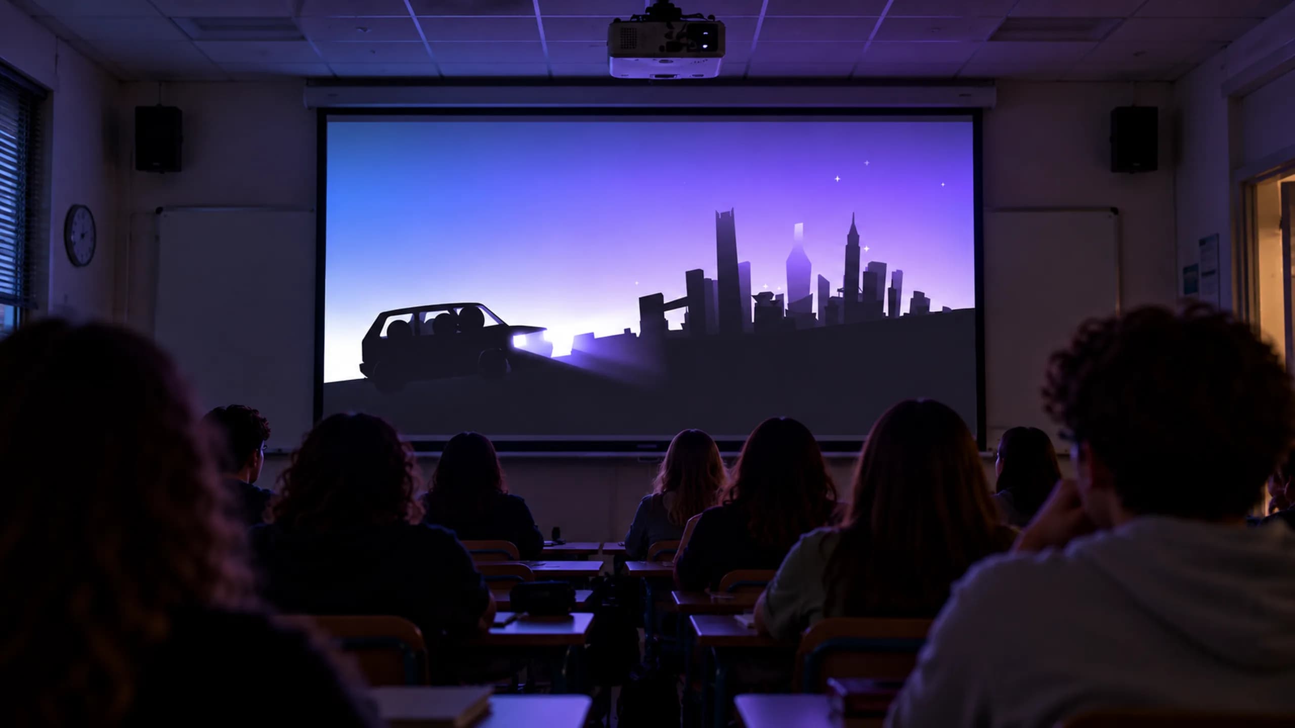 Une classe devant le film projeté pendant une session