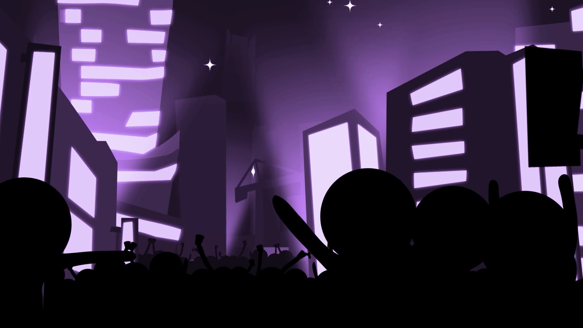 Extrait du film d'animation : une ville violette la nuit, des silhouettes dans la foule